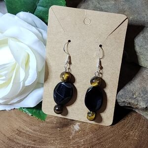 Hand Crafted Earrings with Tiger Eye Beads & Striped Agate Beads